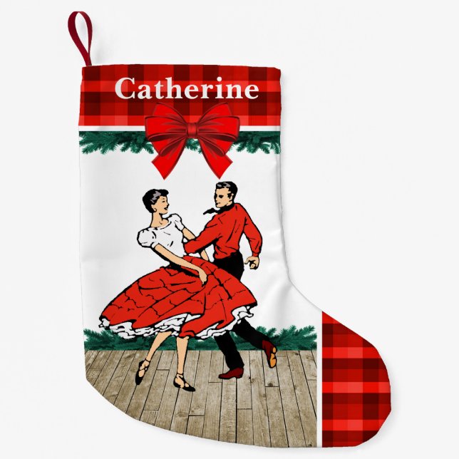 Calcetín Navideño Pequeño Bailarines Cuadrados Con Platos Rojos (Anverso)