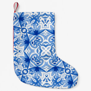 Calcetín Navideño Pequeño Baldosa azul blanca, acuarela sin costura.