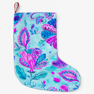 Calcetín Navideño Pequeño Baldosas de patrón floral de color azul paisley: f