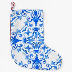 Calcetín Navideño Pequeño Baldosas dibujadas a mano en azul y blanco sin sol