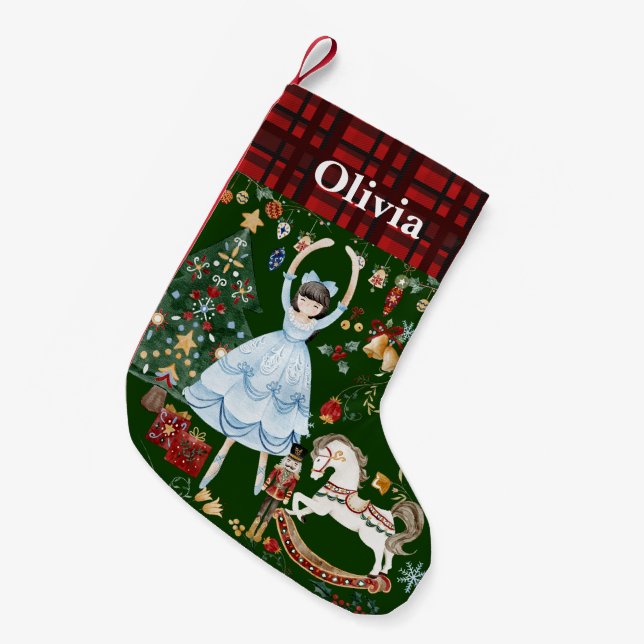 Calcetín Navideño Pequeño Ballet Soldado Nutcracker Clara Red Gingham Green (Frente (Colgado))