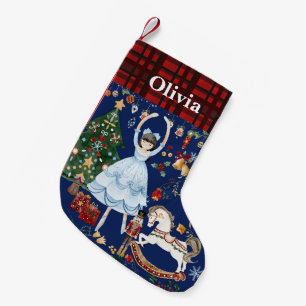 Calcetín Navideño Pequeño Ballet Soldado Nutcracker Clara Rojo Gingham Azul