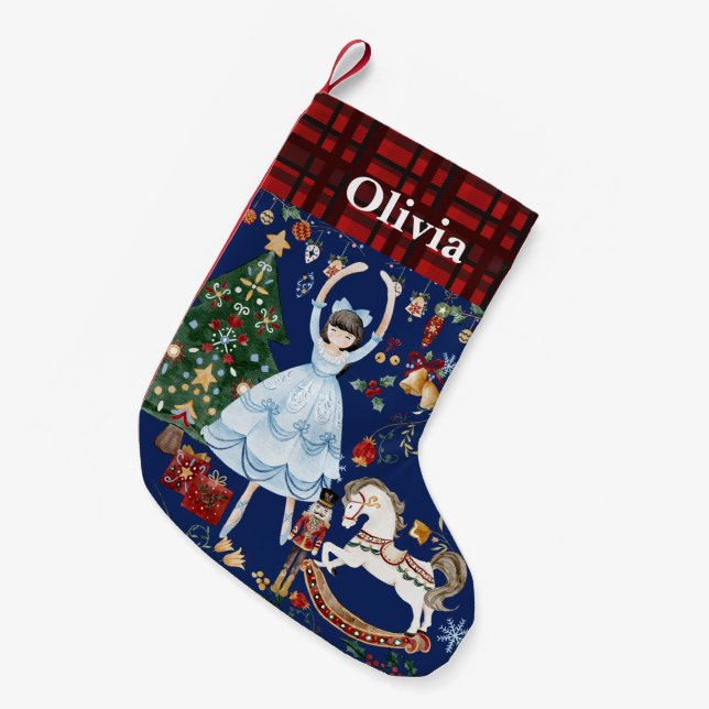 Calcetín Navideño Pequeño Ballet Soldado Nutcracker Clara Rojo Gingham Azul (Frente (Colgado))