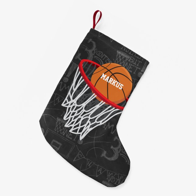 Calcetín Navideño Pequeño Baloncesto de Chalkboard y Hoop personalizados (Frente (Colgado))
