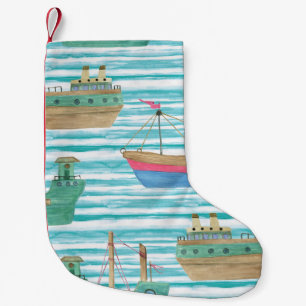 Calcetín Navideño Pequeño Bandas De Barco: Patrón De Pintura De Acuarela.