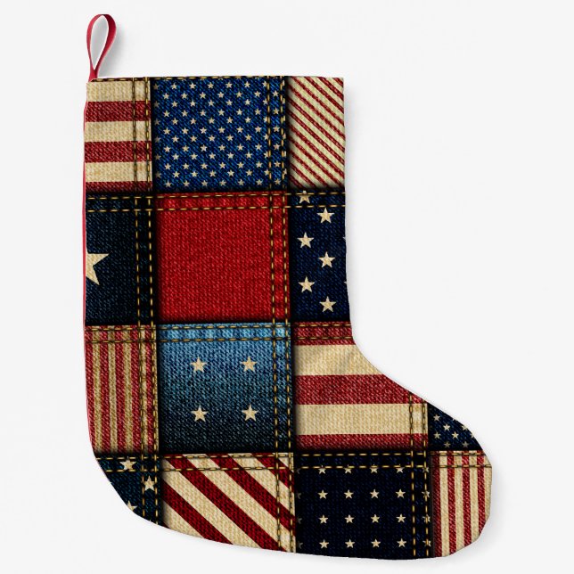 Calcetín Navideño Pequeño Bandera Americana, Patrón sin problemas. (Anverso)