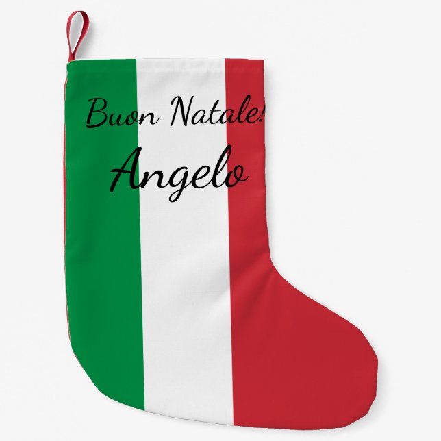 Calcetín Navideño Pequeño Bandera italiana Buon Natale nombre personalizado  (Anverso)