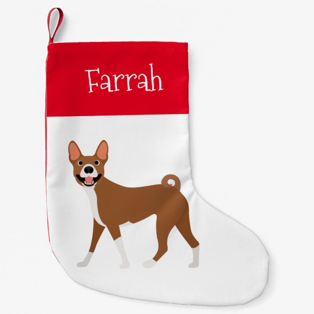 Calcetín Navideño Pequeño Basenji blanco rojo personalizado (Anverso)