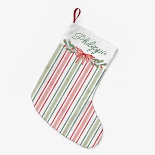 Calcetín Navideño Pequeño Bayas Rojas Acuarela Lazo Rayas Navidad
