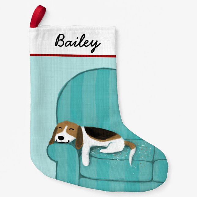 Calcetín Navideño Pequeño Beagle, Personalizado lindo, en el sofá de perro d (Anverso)