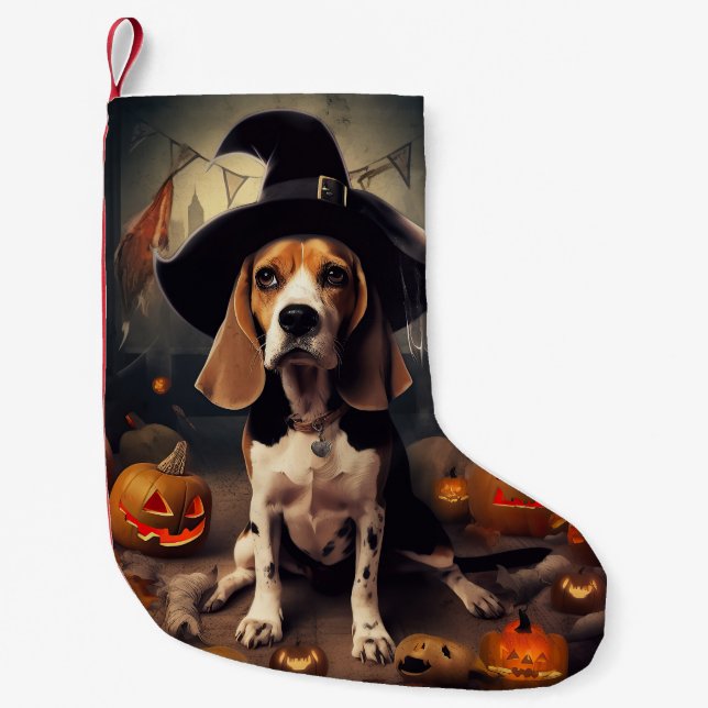 Calcetín Navideño Pequeño Beagle Pumpkins Halloween Scary (Anverso)