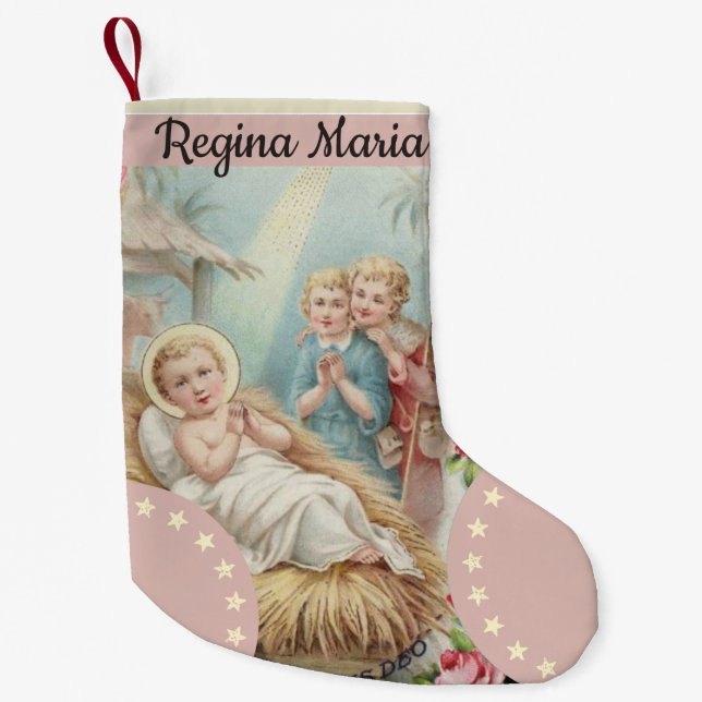 Calcetín Navideño Pequeño Bebé personalizado Jesús en chicas del pesebre (Anverso)