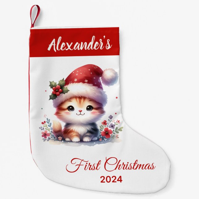 Calcetín Navideño Pequeño Bebé primera Navidad lindo gato personalizado (Anverso)