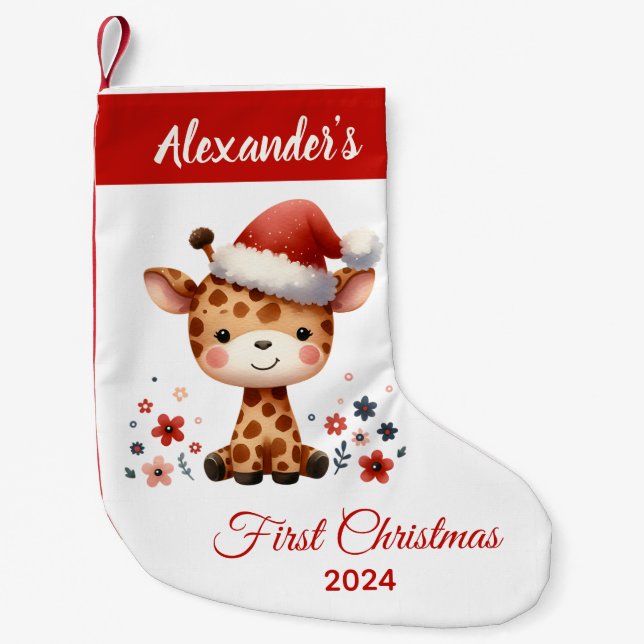 Calcetín Navideño Pequeño Bebé primera Navidad lindo Giraffe personalizado (Anverso)