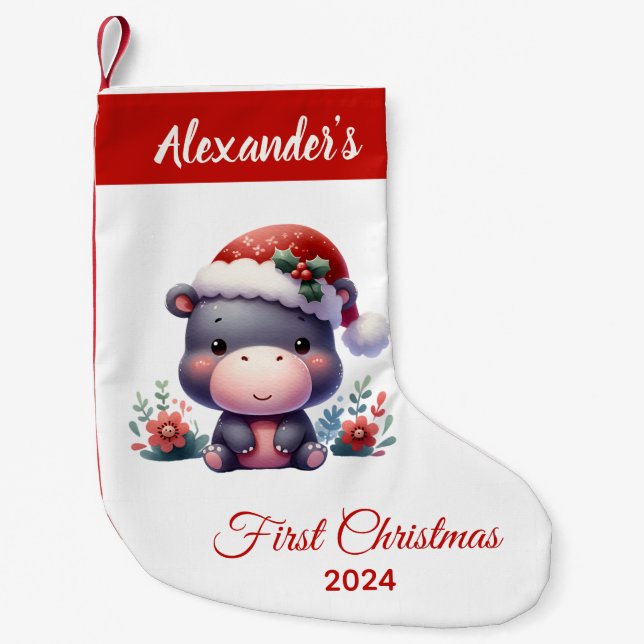 Calcetín Navideño Pequeño Bebé primera Navidad lindo Hippo personalizado (Anverso)
