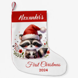 Calcetín Navideño Pequeño Bebé primera Navidad lindo Racoon personalizado
