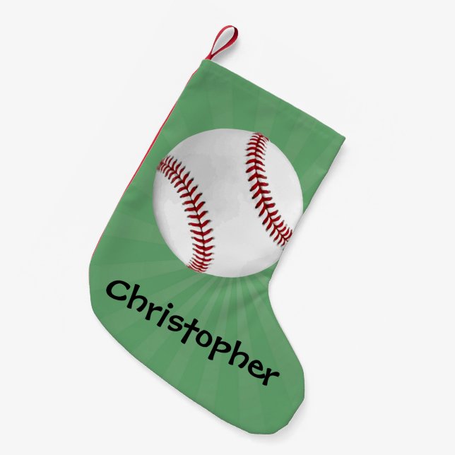 Calcetín Navideño Pequeño Béisbol personalizado en niños verdes (Frente (Colgado))