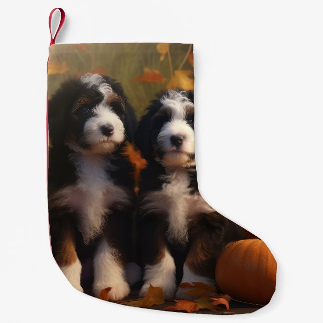 Calcetín Navideño Pequeño Bernedoodle Puppy Autumn Delight Pumpkin (Anverso)