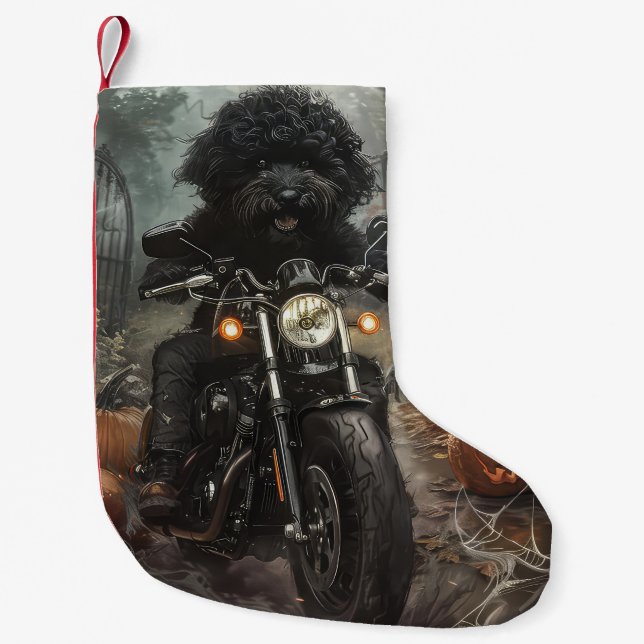 Calcetín Navideño Pequeño Bernedoodle Riding Motorcycle Halloween Scary (Anverso)