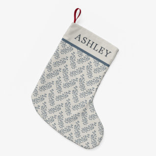 Calcetín Navideño Pequeño Berries Sprig Pattern Blue Cream Custom Name