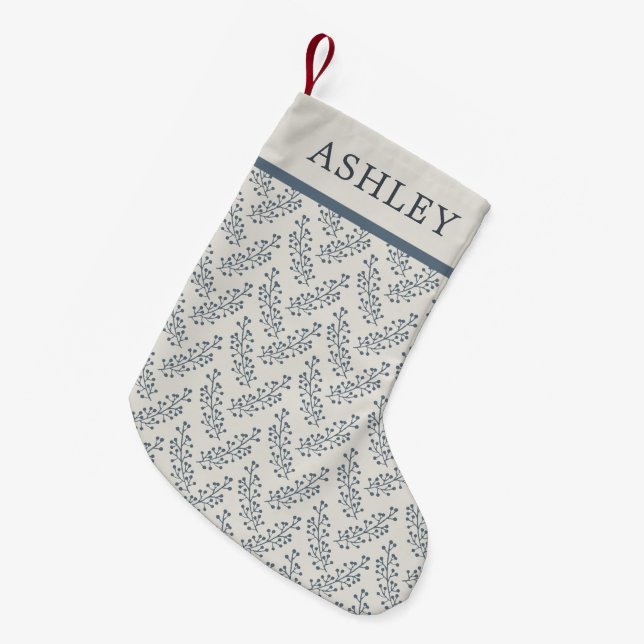 Calcetín Navideño Pequeño Berries Sprig Pattern Blue Cream Custom Name (Frente (Colgado))