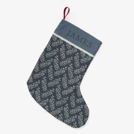 Calcetín Navideño Pequeño Berries Sprig Pattern Blue Cream Custom Name