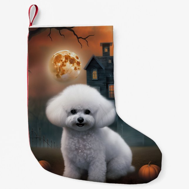 Calcetín Navideño Pequeño Bichon Frise Halloween Scary (Anverso)