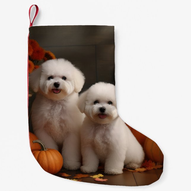 Calcetín Navideño Pequeño Bichon Frise Puppy Calabaza deslumbrante de otoño (Anverso)