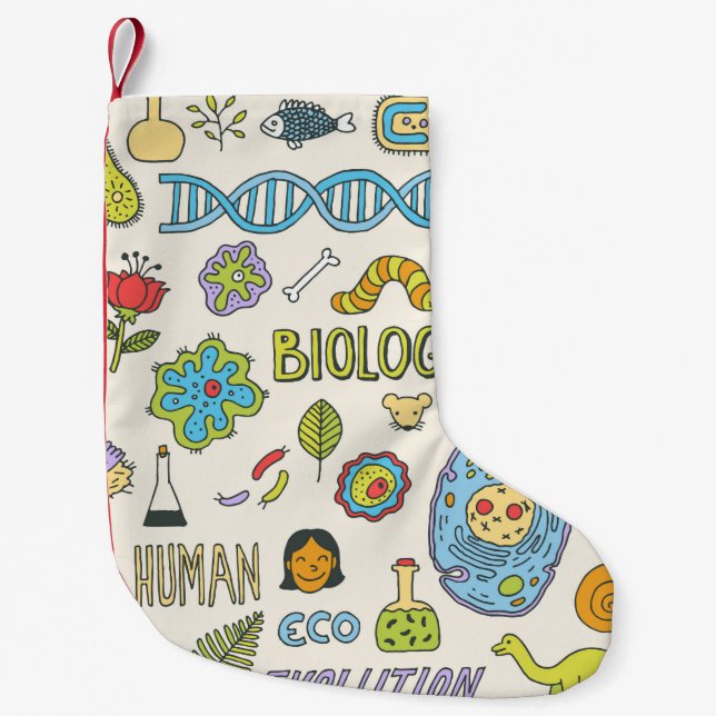 Calcetín Navideño Pequeño Biología. Dibujado a mano. Ilustracion de época.  (Anverso)