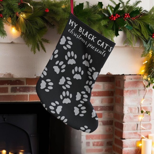 Calcetín Navideño Pequeño Black and Gray Paw Print Pet Christmas Stocking (Just add your black cat's name)