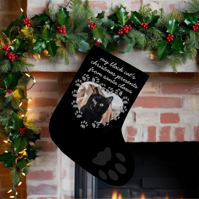 Calcetín Navideño Pequeño Black Cat Photo Paw Print Pet Christmas Stocking (Upload their photo so they'll know that this christmas stocking is just for them)