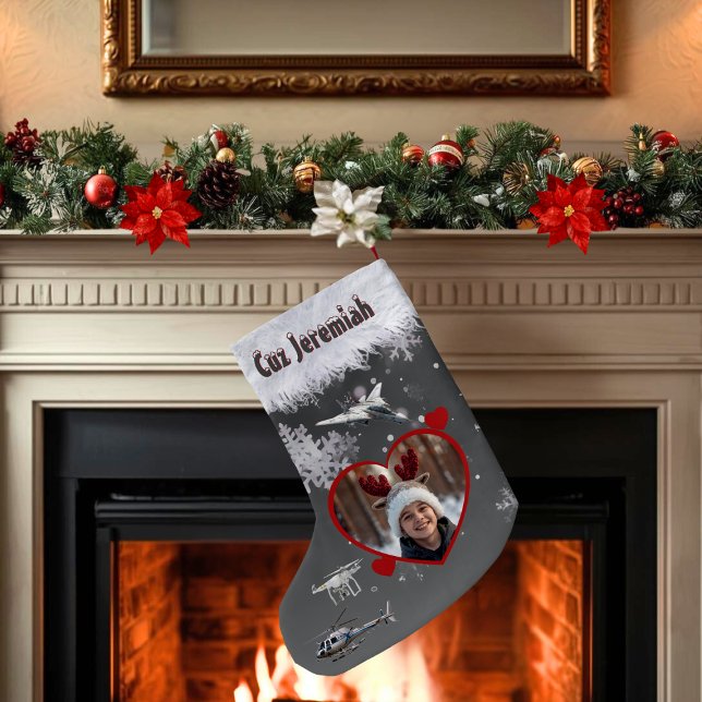 Calcetín Navideño Pequeño Black Gray Jet Drone Aerial Flight Lovers Photo (Personalized name and photo stocking for kids who like aeronautics with jet, drone, and helicopter)