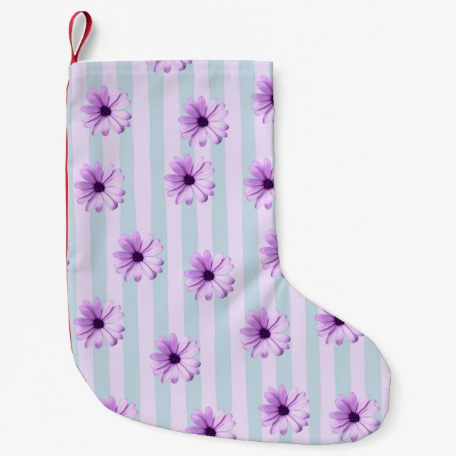 Calcetín Navideño Pequeño blue and purple striped daisy pattern (Anverso)