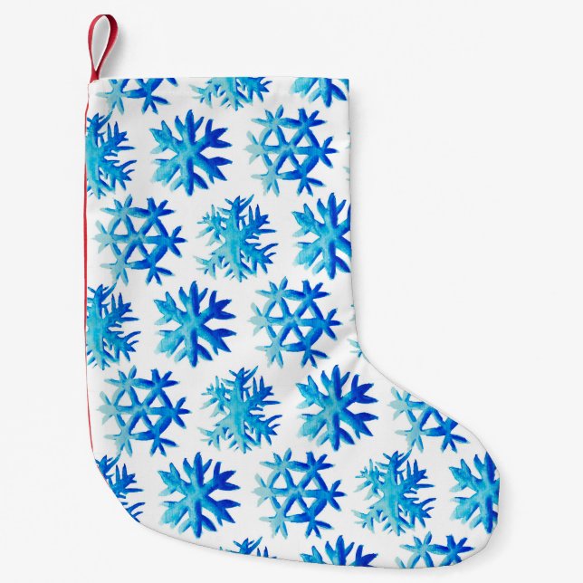 Calcetín Navideño Pequeño Blue Snowflake Watercolor Winter Art (Anverso)