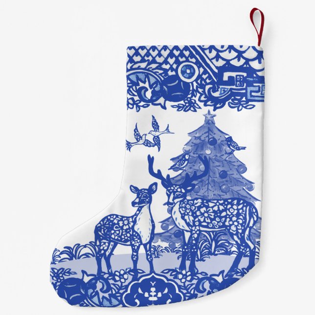 Calcetín Navideño Pequeño Blue Willow Woodland Deer Xmas Tree Bird Holiday S (Reverso)