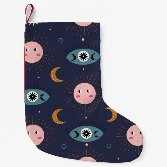 Calcetín Navideño Pequeño Boho bebé, patrón de moda hippie. (Anverso)