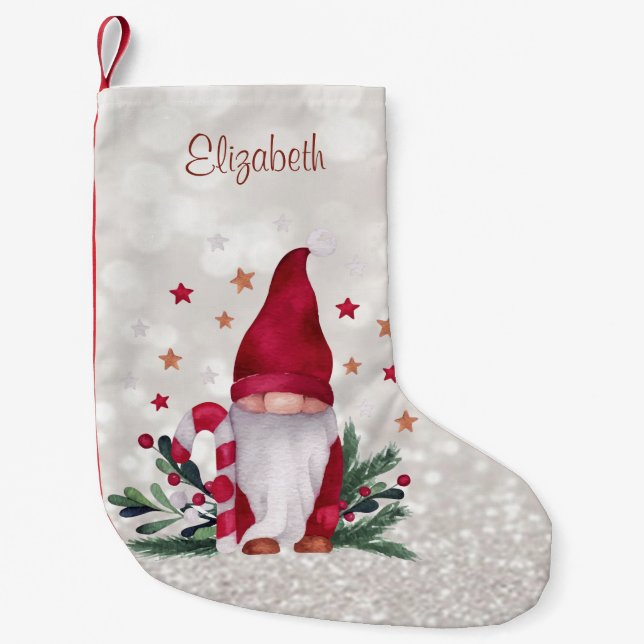 Calcetín Navideño Pequeño Bókeh Purpurinoso de Gnome nórdico (Anverso)