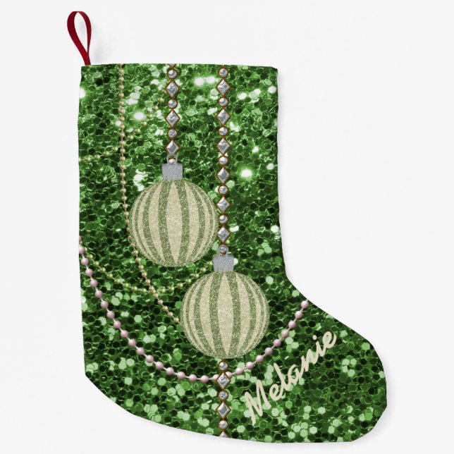 Calcetín Navideño Pequeño Bolas de ornamento de Purpurina Green Faux (Anverso)