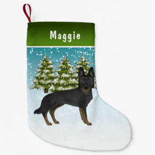 Calcetín Navideño Pequeño Bosque de Invierno Bi-Black Alemán Shepherd con no
