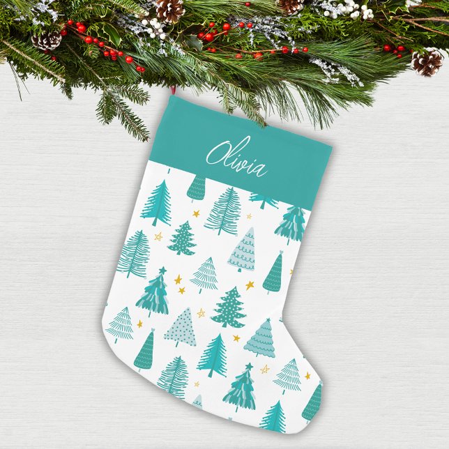 Calcetín Navideño Pequeño Bosque de Invierno del Árbol Verde de Navidad Pers (Modern and simple winter woodland Christmas tree design: Personalized  Christmas Stocking)