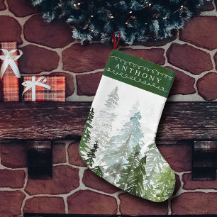 Calcetín Navideño Pequeño Bosque de pino de acuarela Nombre personalizado