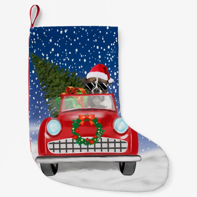 Calcetín Navideño Pequeño Boxer Dog Drin Car En Navidades De Nieve (Anverso)