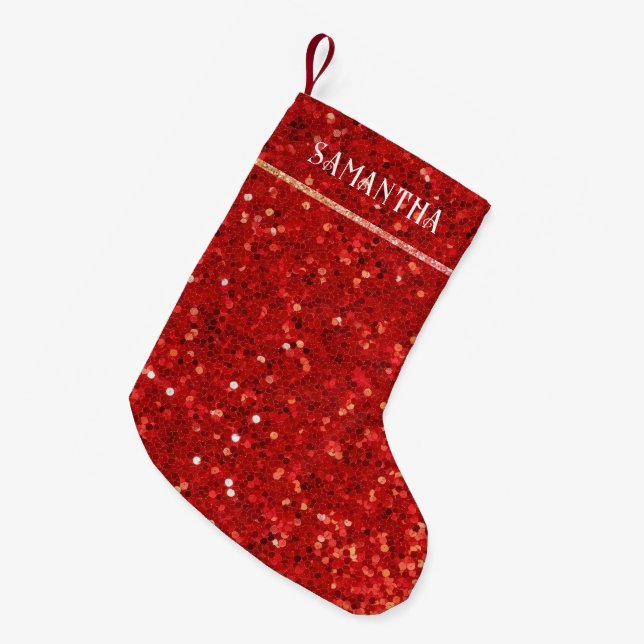 Calcetín Navideño Pequeño Brillo Digital Rojo y Destellos (Frente (Colgado))