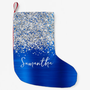 Calcetín Navideño Pequeño Brillo Plateado Glam Real Azul Nombre