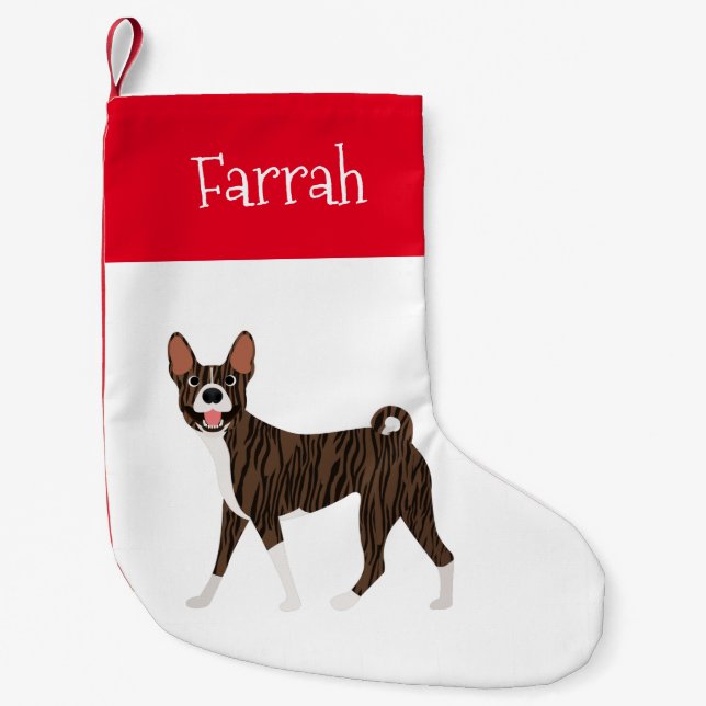 Calcetín Navideño Pequeño Brindle Basenji personalizado (Anverso)