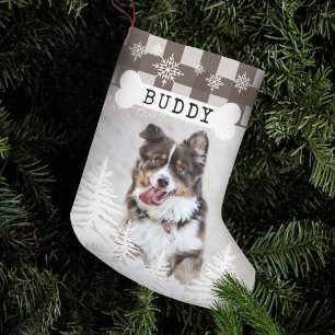 Calcetín Navideño Pequeño Brown Plaid Rustic Pine Trees Dog Bone Pet Photo