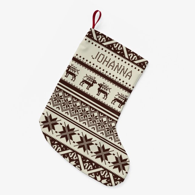 Calcetín Navideño Pequeño Brown y suéter feo beige del navidad - su nombre (Frente (Colgado))