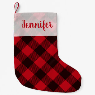 Calcetín Navideño Pequeño Búfalo Lindo Plaid Rojo Script Fiesta