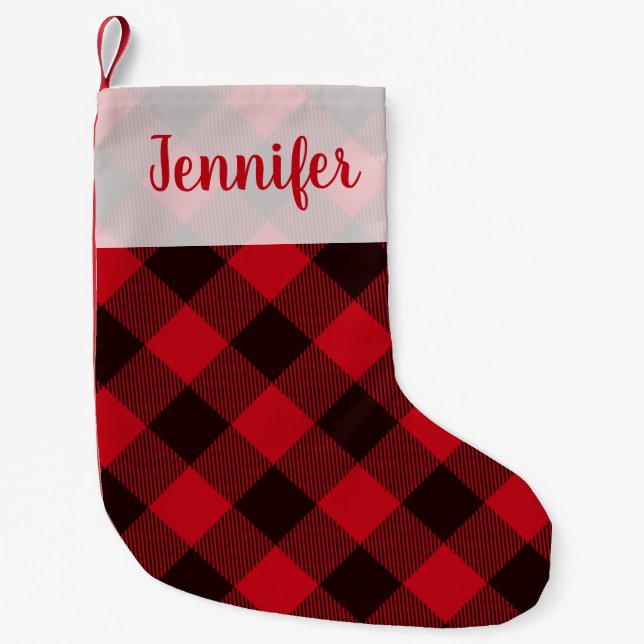 Calcetín Navideño Pequeño Búfalo Lindo Plaid Rojo Script Fiesta (Anverso)