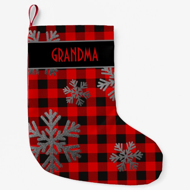 Calcetín Navideño Pequeño Búfalo Rojo Sparkly Snowflakes (Anverso)